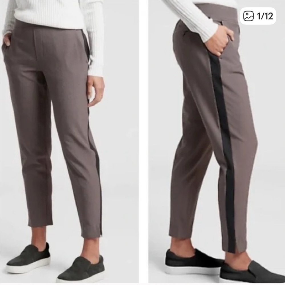 Athleta Taupe Cropped Tuxedo Stripe Ankle Pants